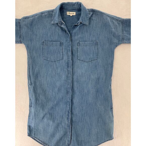 Madewell Chambray Denim Shirt Dress Cotton Linen Short Sleeve Button up S M - Picture 5 of 12